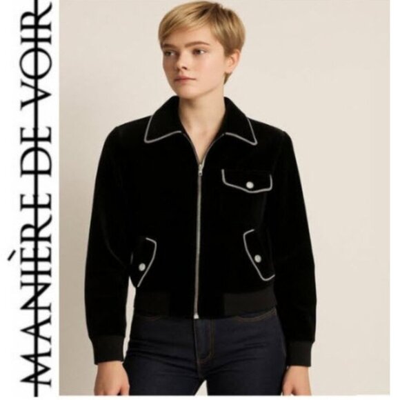Maniere De Voir Black Velvet Bomber ZIP Jacket - Picture 1 of 16